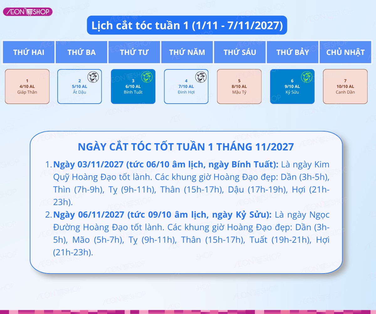 Lịch cắt tóc tuần 1 tháng 11/2027