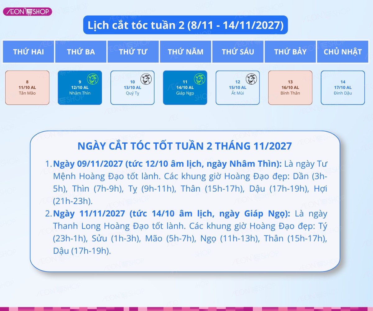 Lịch cắt tóc tuần 2 tháng 11/2027