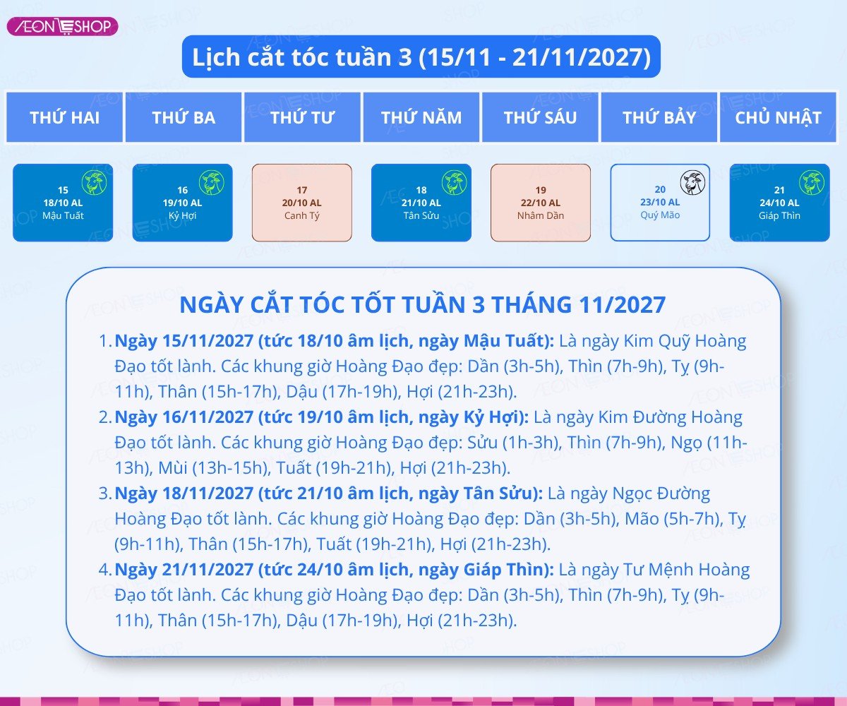 Lịch cắt tóc tuần 3 tháng 11/2027
