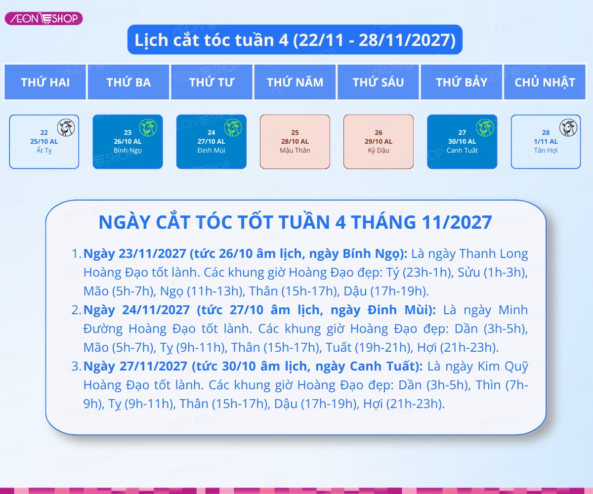 Lịch cắt tóc tuần 4 tháng 11/2027