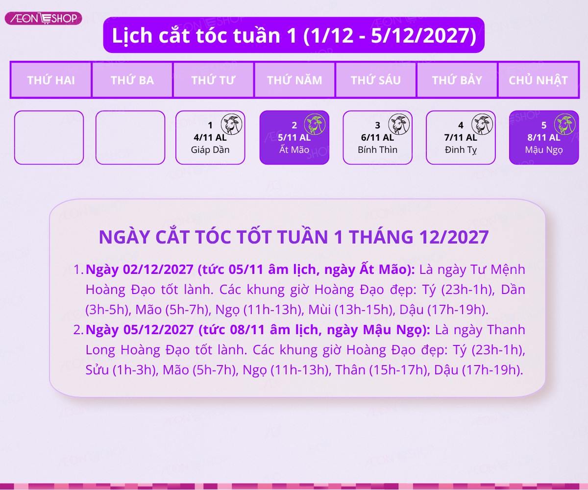 Lịch cắt tóc vào tuần 1 của tháng 12/2027