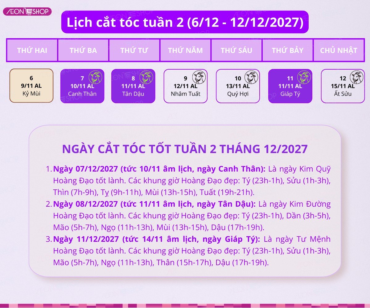 Lịch cắt tóc vào tuần 2 tháng 12/2027