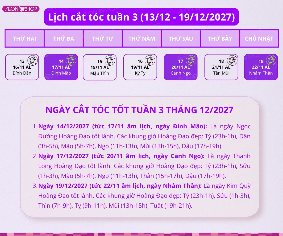 Lịch cắt tóc vào tuần 3 tháng 12/2027