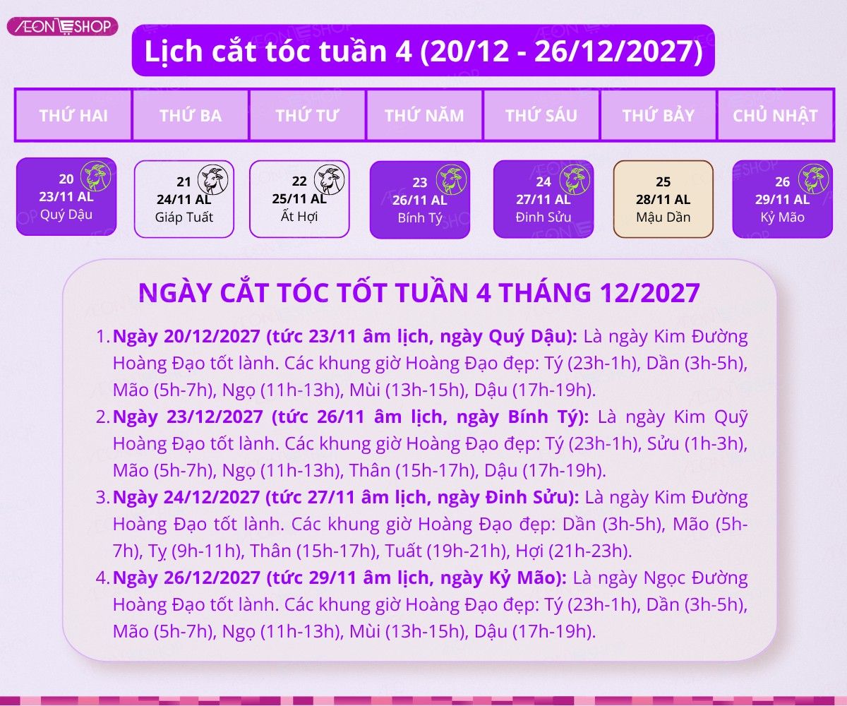 Lịch cắt tóc vào tuần 4 tháng 12/2027