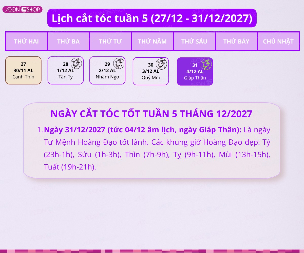 Lịch cắt tóc vào tuần 5 tháng 12/2027