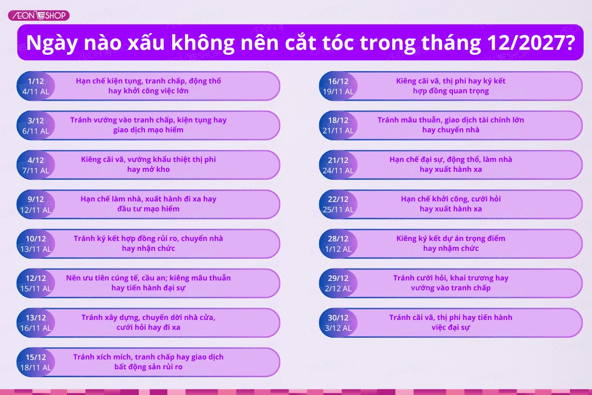 Những ngày xấu không nên cắt tóc trong tháng 12/2027