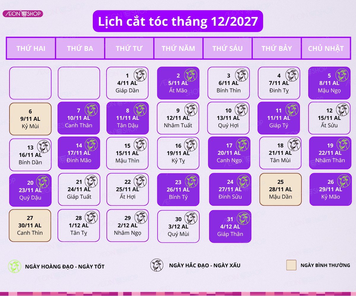 Ngày tốt cắt tóc tháng 12/2027: Xem ngày lành cắt tóc đẹp, hợp tuổi