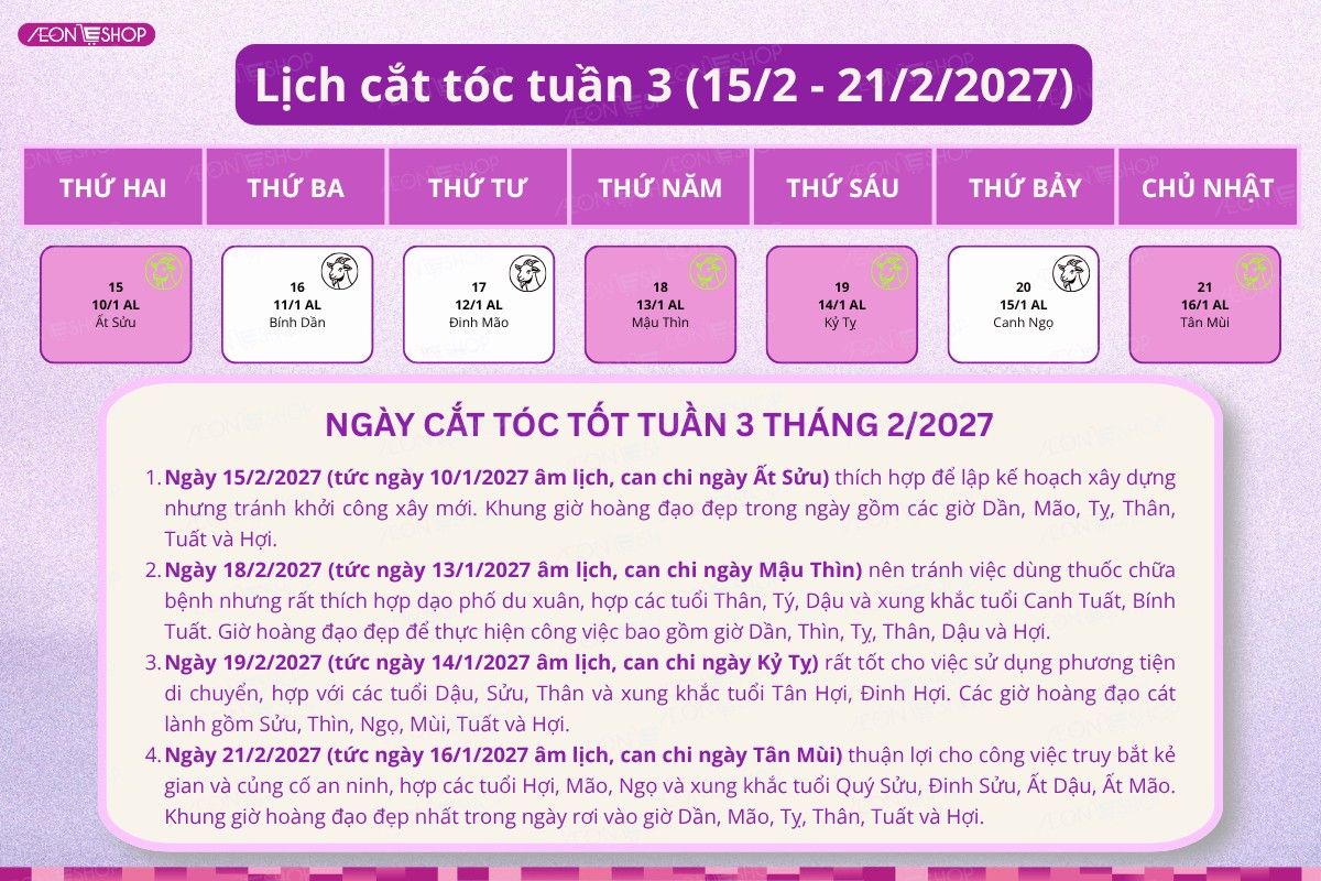 Lịch cắt tóc tuần 1 tháng 2/2027 từ ngày 1/2 đến 7/2