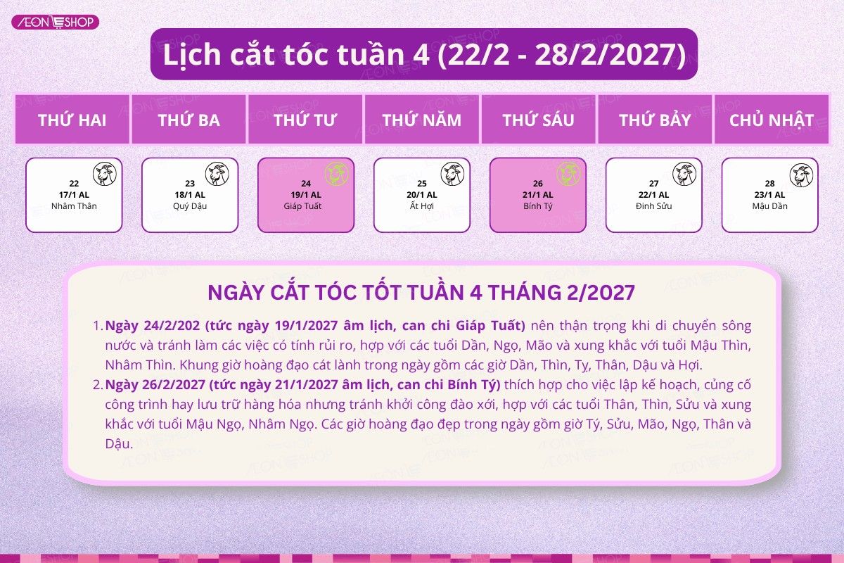 Lịch cắt tóc tuần 4 tháng 2/2027 từ ngày 22/2 đến 28/2