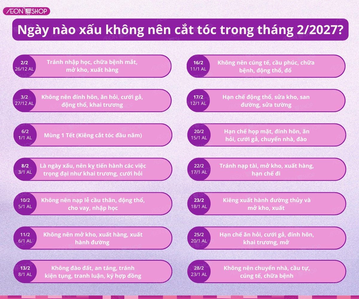 Những ngày xấu không nên cắt tóc tháng 2/2027