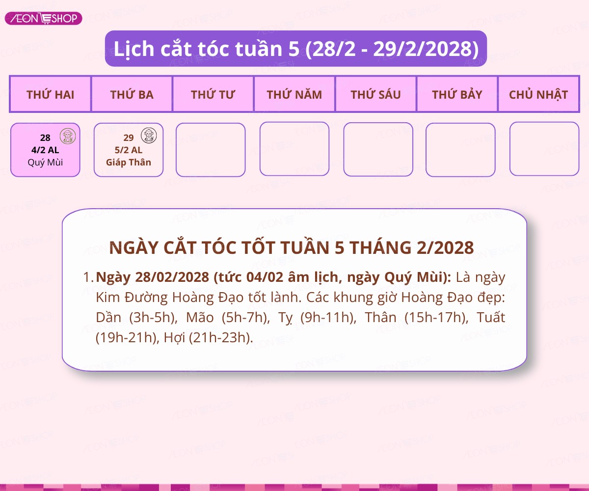 Lịch cắt tóc tuần 5 tháng 2/2028