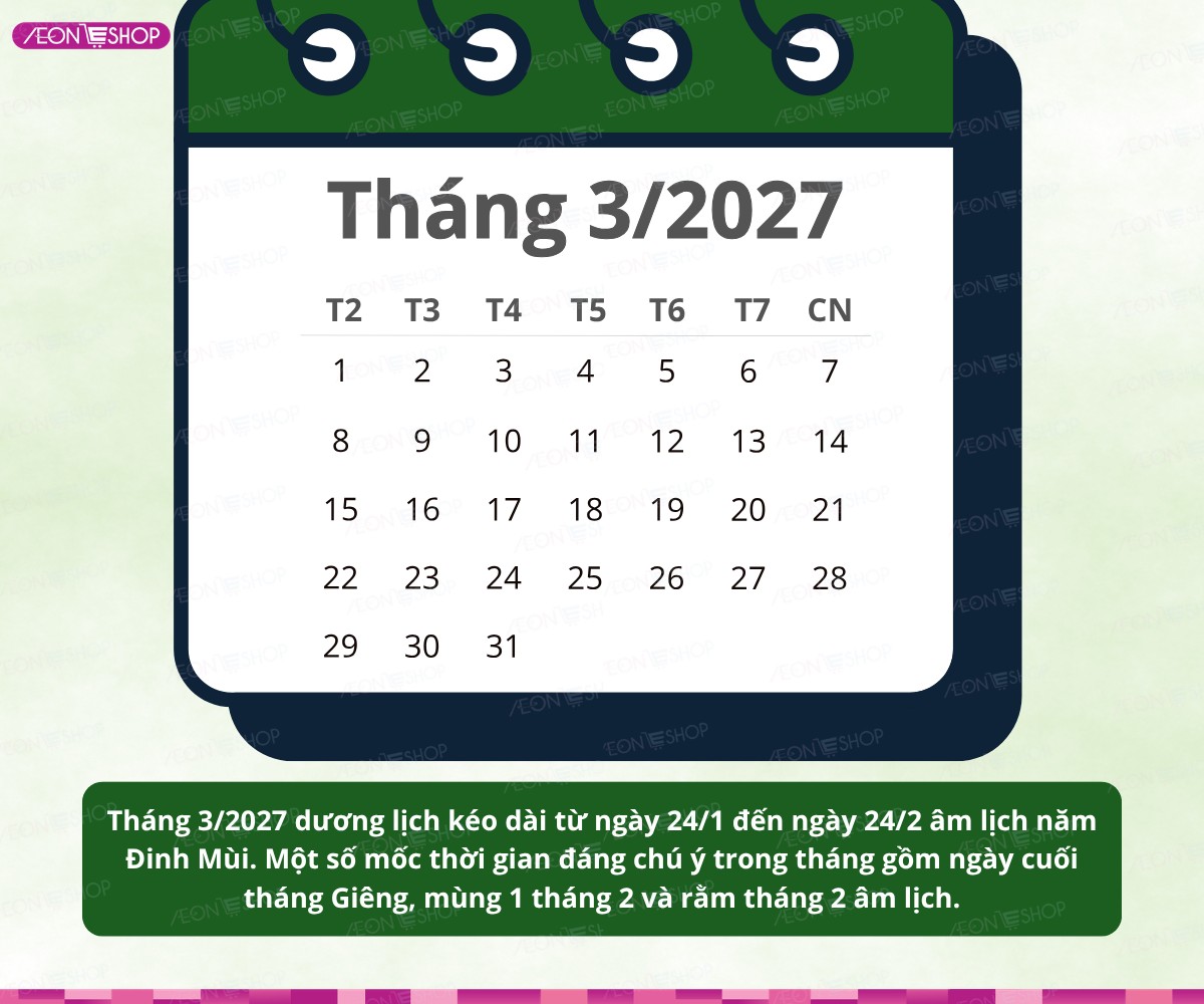 Lịch tháng 3 năm 2027 dương lịch và âm lịch