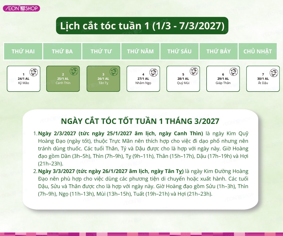 Lịch cắt tóc tuần 1 tháng 3/2027 từ ngày 1/3 đến 7/3