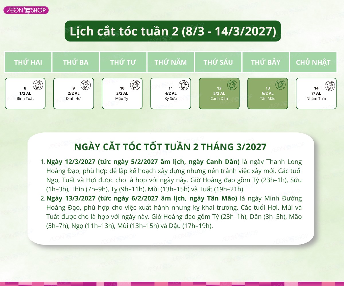 Lịch cắt tóc tuần 2 tháng 3/2027 từ ngày 8/3 đến 14/3
