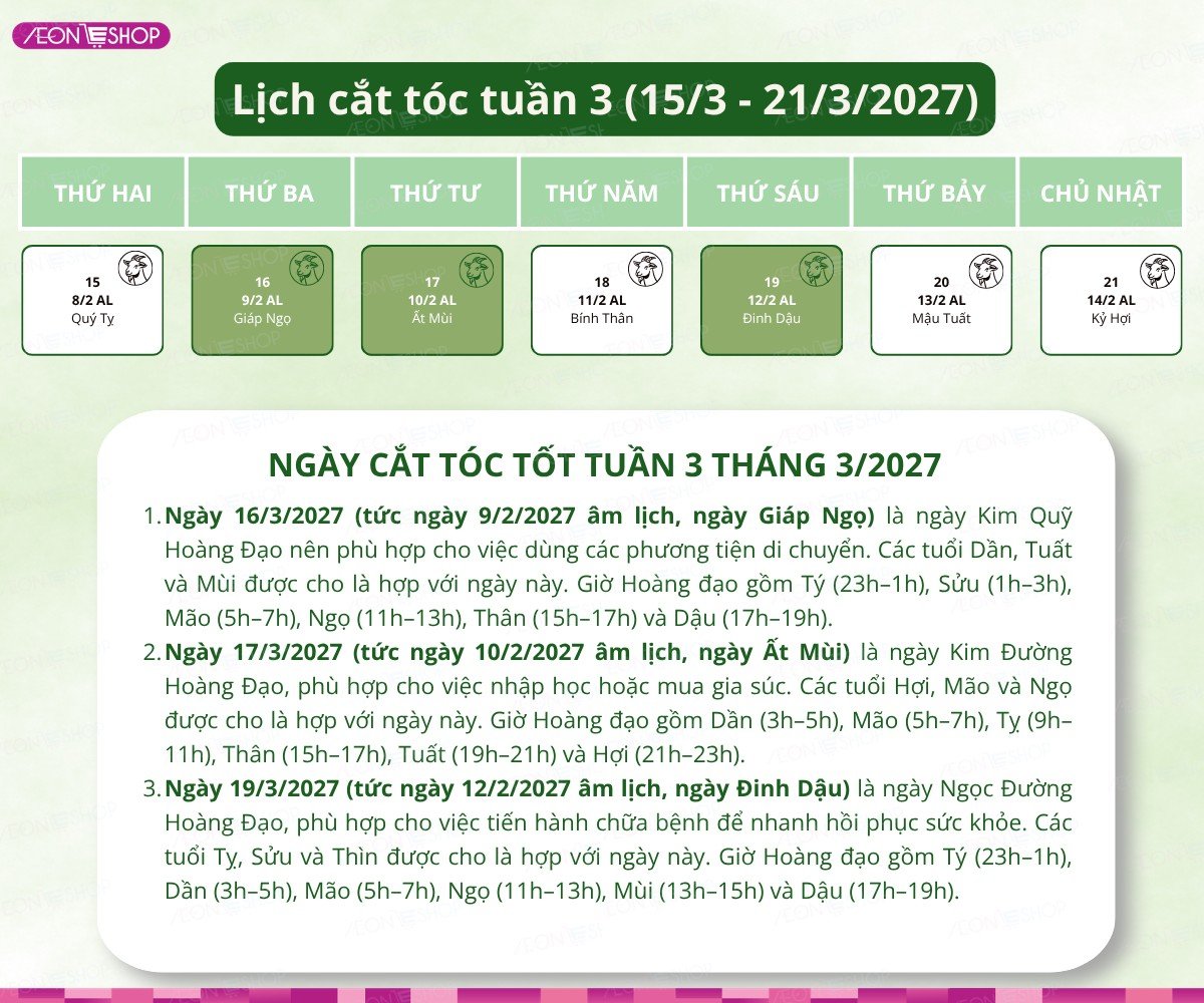 Lịch cắt tóc tuần 3 tháng 3/2027 từ ngày 15/3 đến 21/3