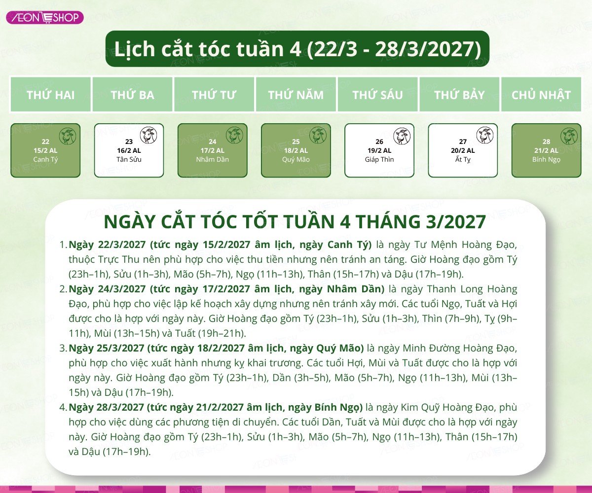 Lịch cắt tóc tuần 4 tháng 3/2027 từ ngày 22/3 đến 28/3