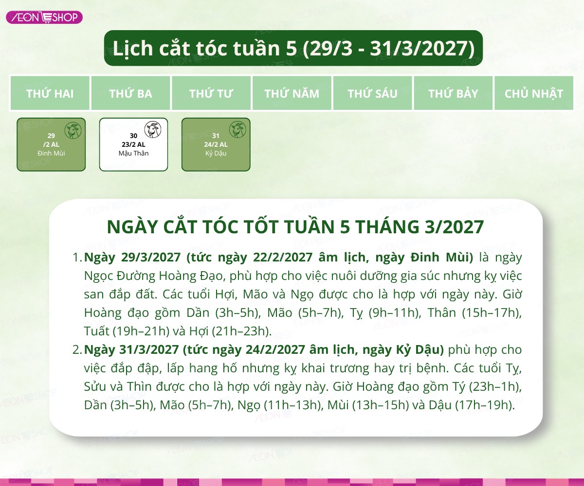 Lịch cắt tóc tuần 5 tháng 3/2027 từ ngày 29/3 đến 31/3