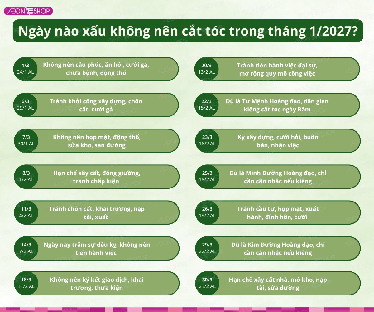 Những ngày xấu không nên cắt tóc tháng 3/2027