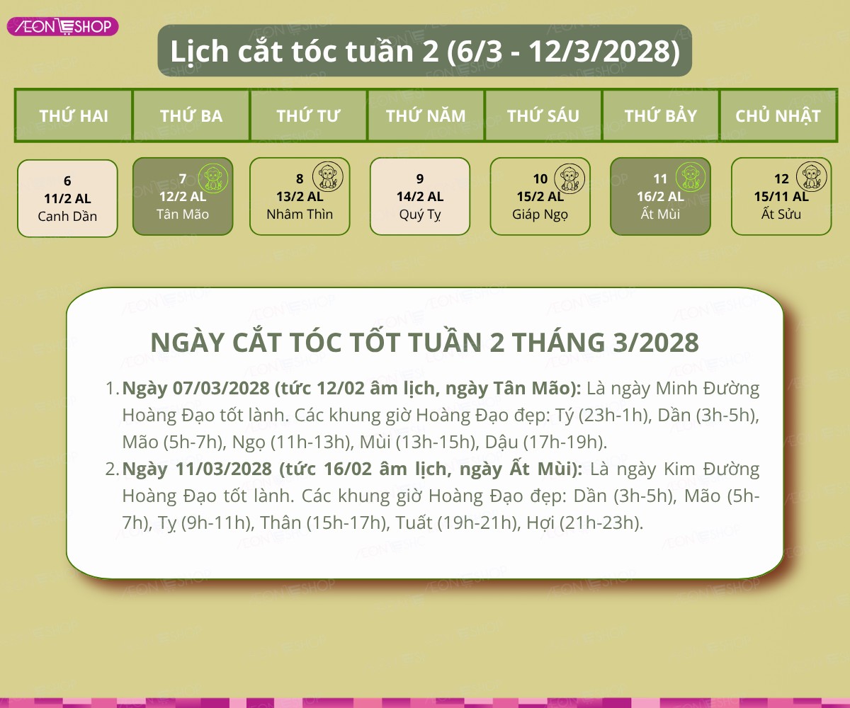 Lịch cắt tóc tuần 2 tháng 3/2028