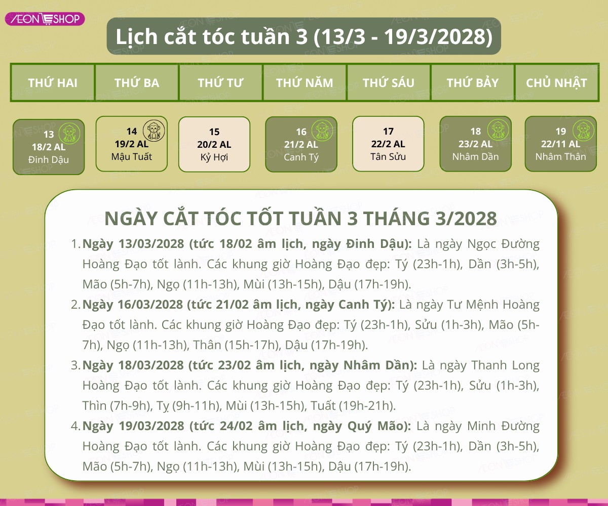Lịch cắt tóc tuần 3 tháng 3/2028