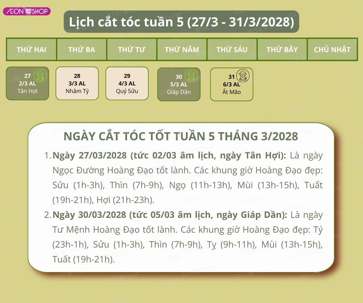 Lịch cắt tóc tuần 5 tháng 3/2028