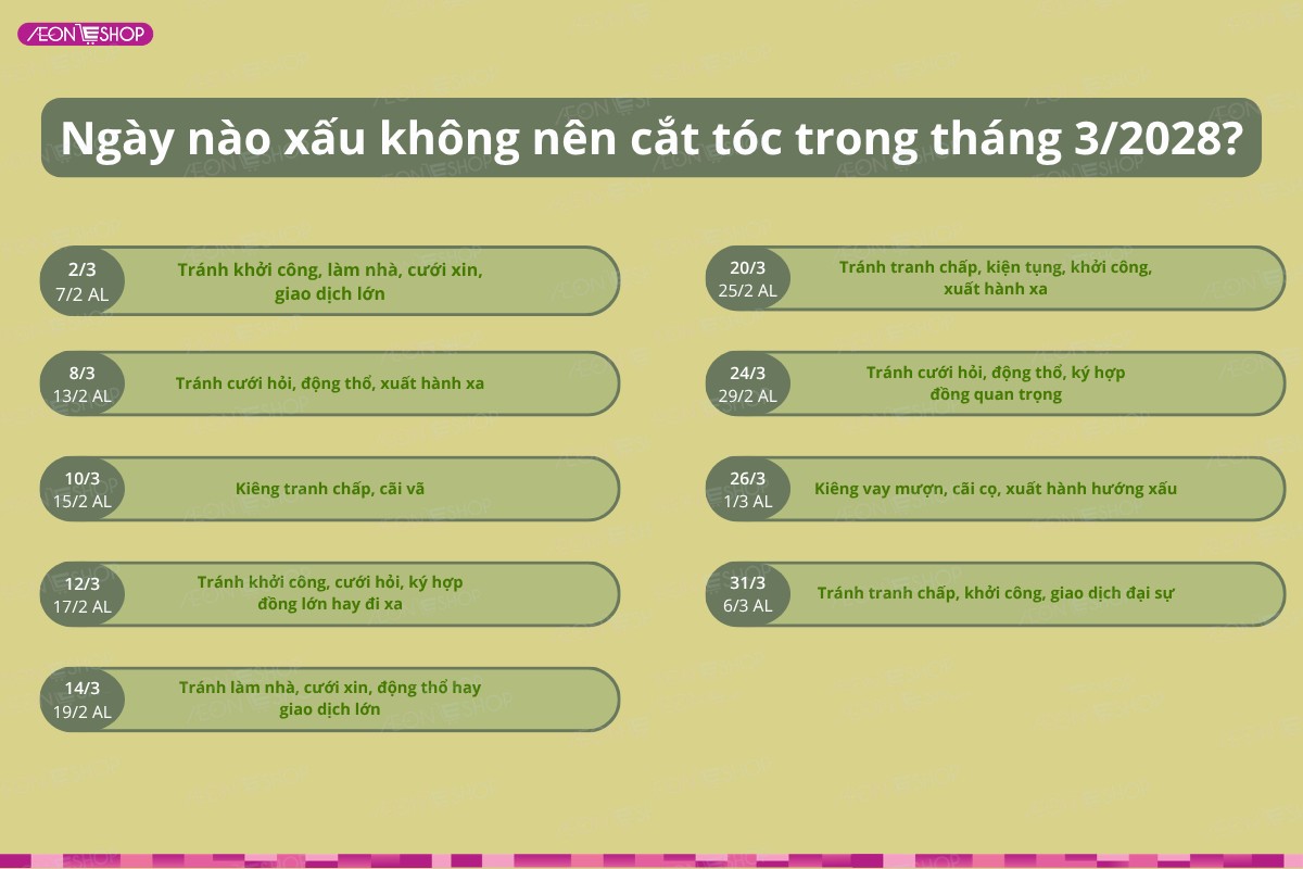 Ngày xấu không nên cắt tóc trong tháng 3/2028