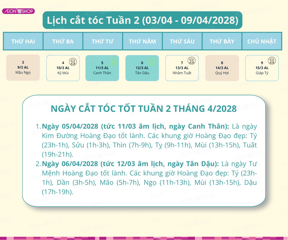 Lịch cắt tóc tuần 2 tháng 4/2028