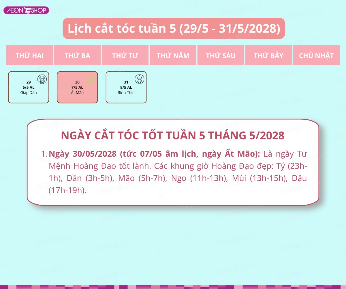 Lịch cắt tóc tuần 5 tháng 5/2028