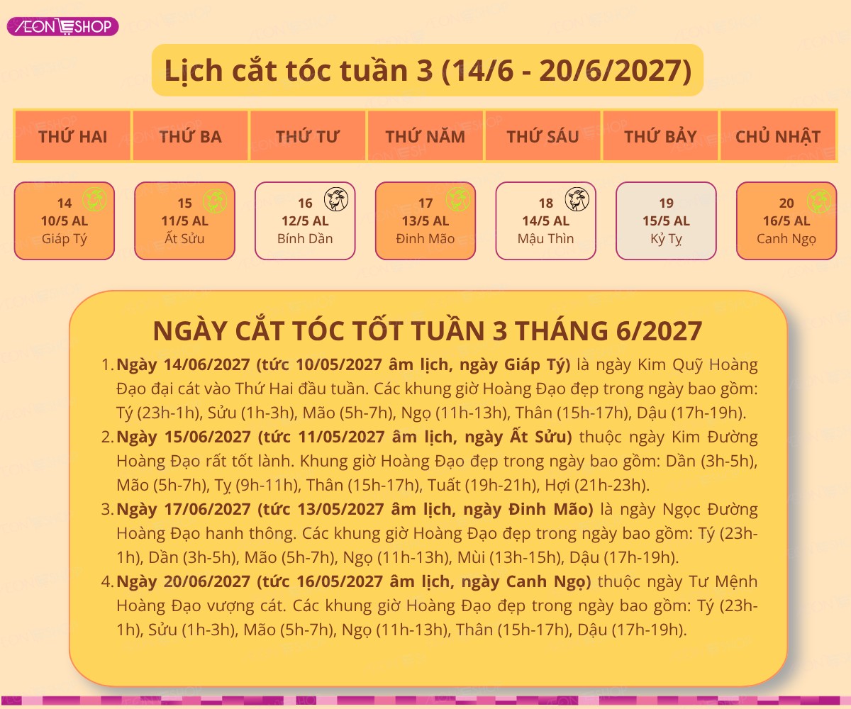 Lịch ngày tốt cắt tóc tháng 6 năm 2027 tuần 3