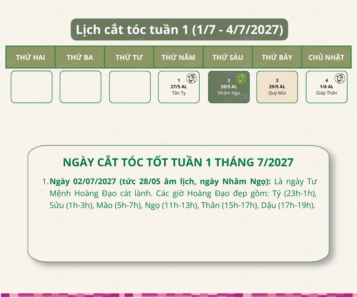 Lịch cắt tóc tuần 1 tháng 7/2027