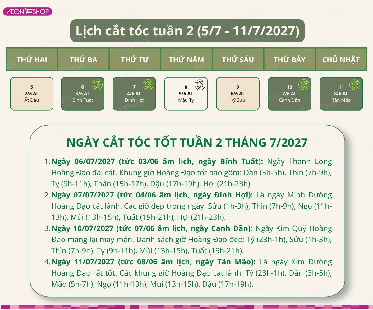 Lịch cắt tóc tuần 2 tháng 7/2027