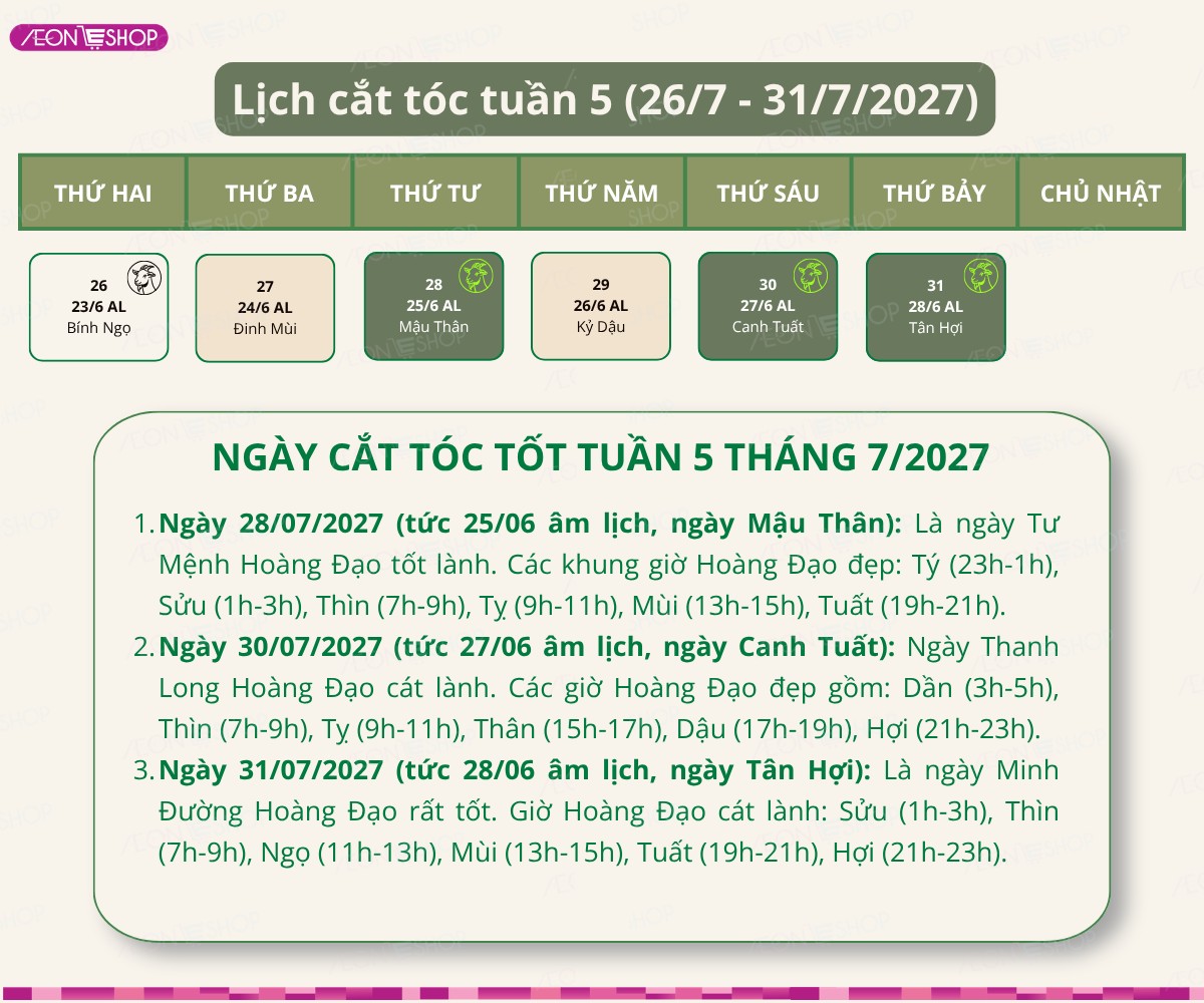 Lịch cắt tóc tuần 5 tháng 7/2027