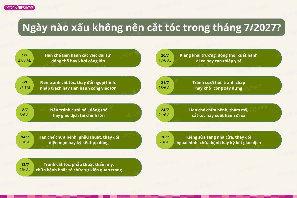 Các ngày xấu không nên cắt tóc vào tháng 7/2027