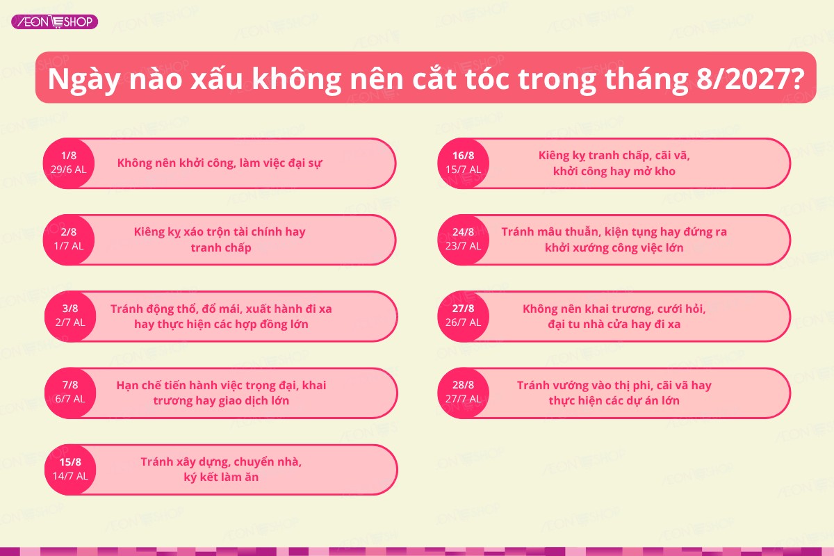 Những ngày xấu không nên cắt tóc trong tháng 8/2027