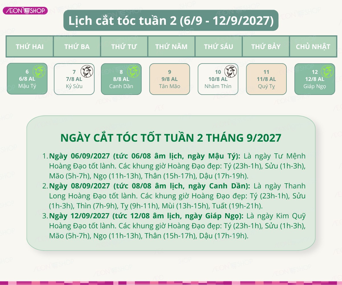 Lịch cắt tóc tuần 2 tháng 9/2027