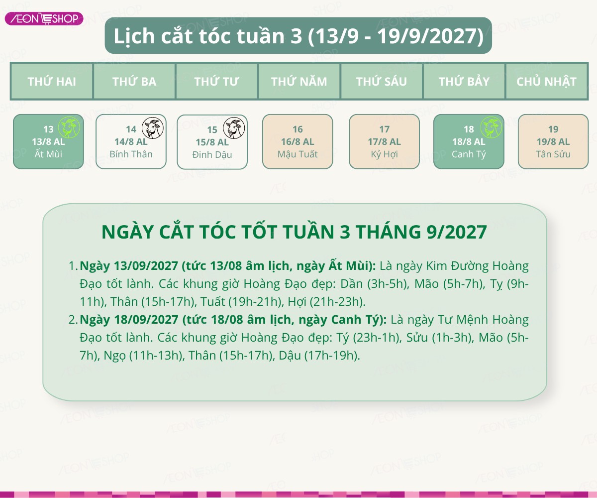 Lịch cắt tóc tuần 3 tháng 9/2027