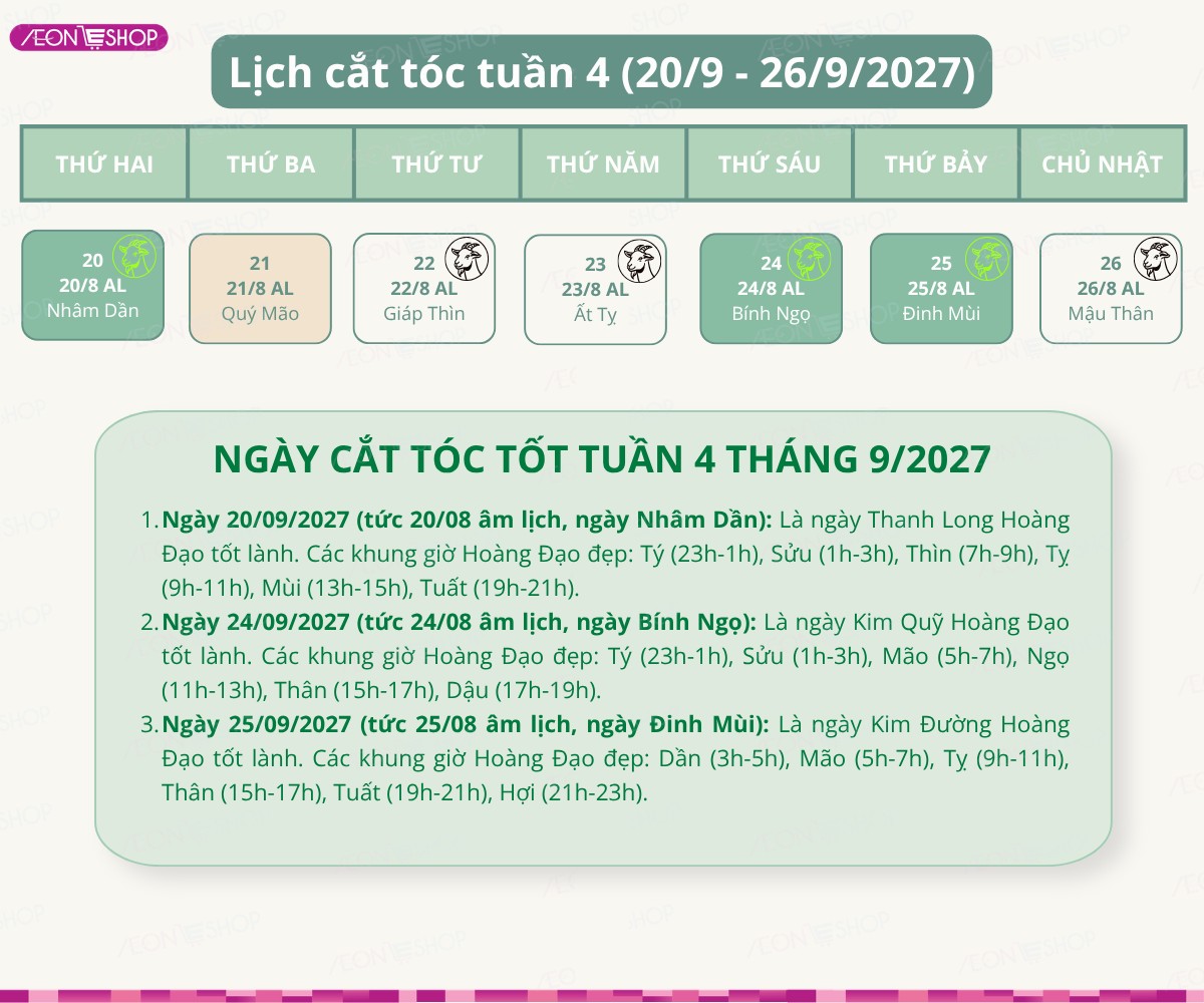 Lịch cắt tóc tuần 4 tháng 9/2027