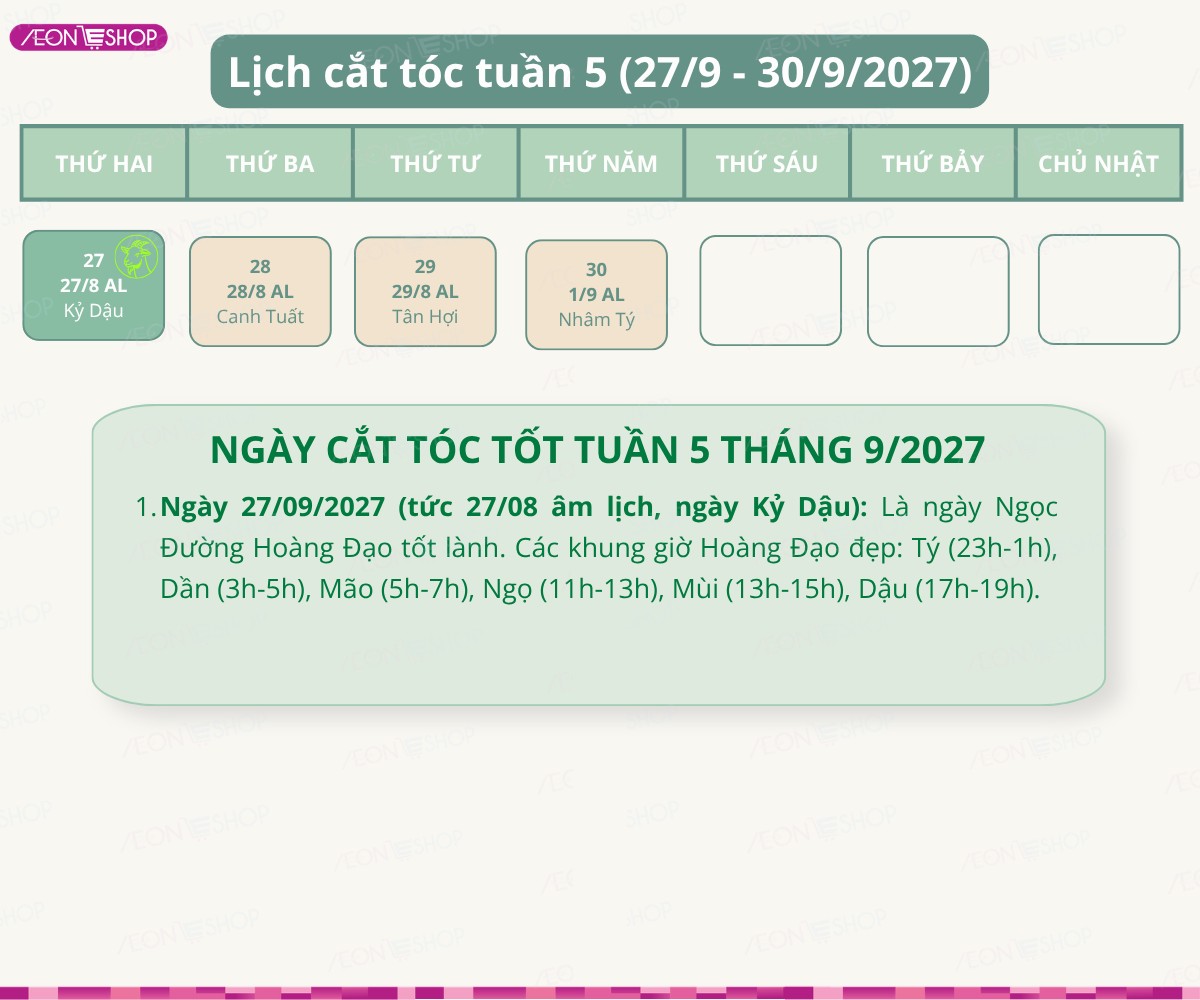 Lịch cắt tóc tuần 5 tháng 9/2027