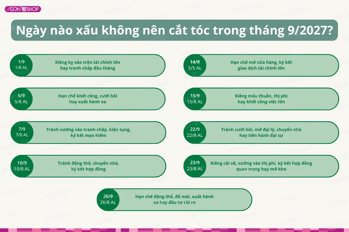 Những ngày xấu không nên cắt tóc trong tháng 9/2027